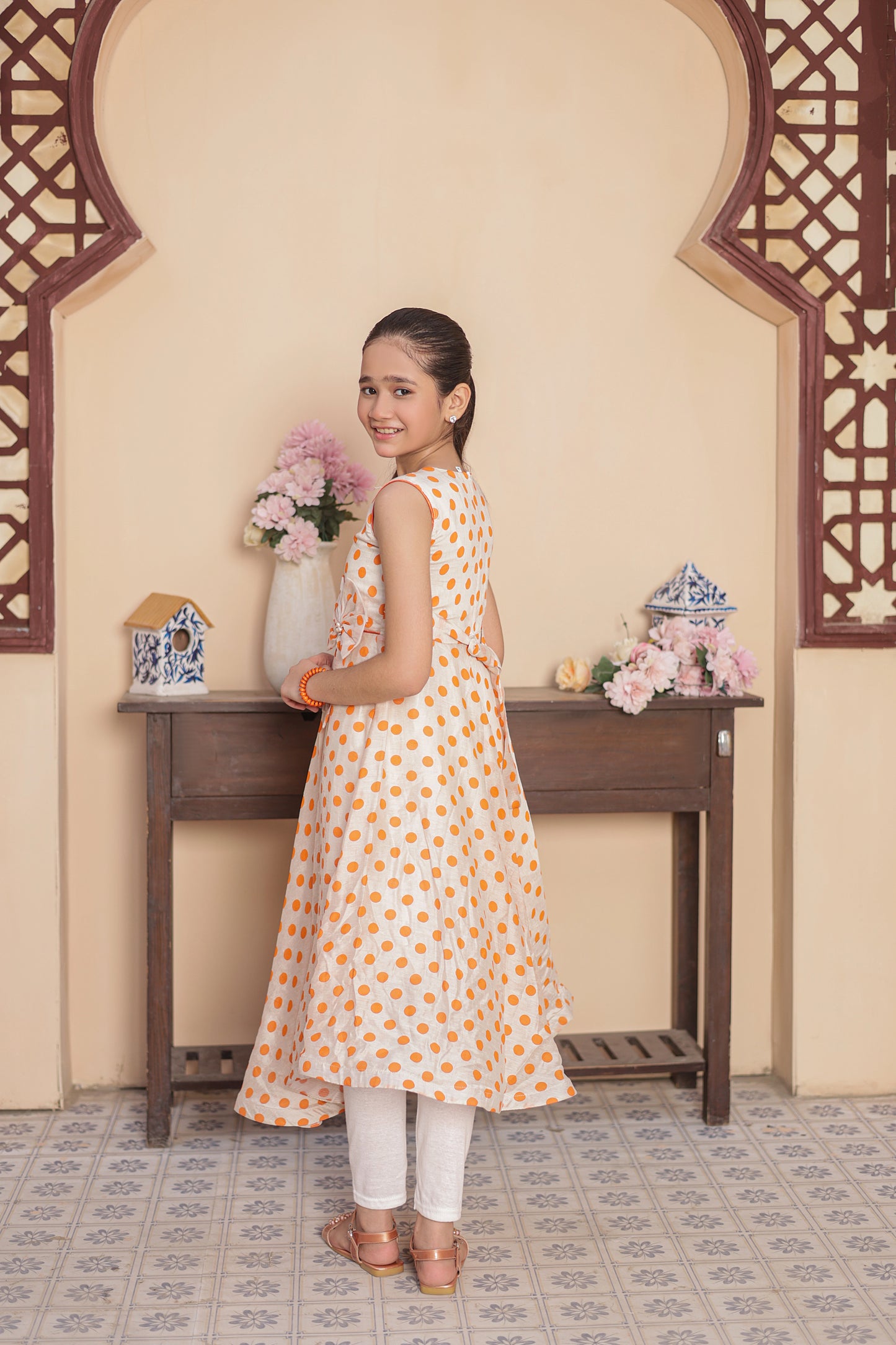 Peachy Dots Delight Frock Imported Printed Cotton