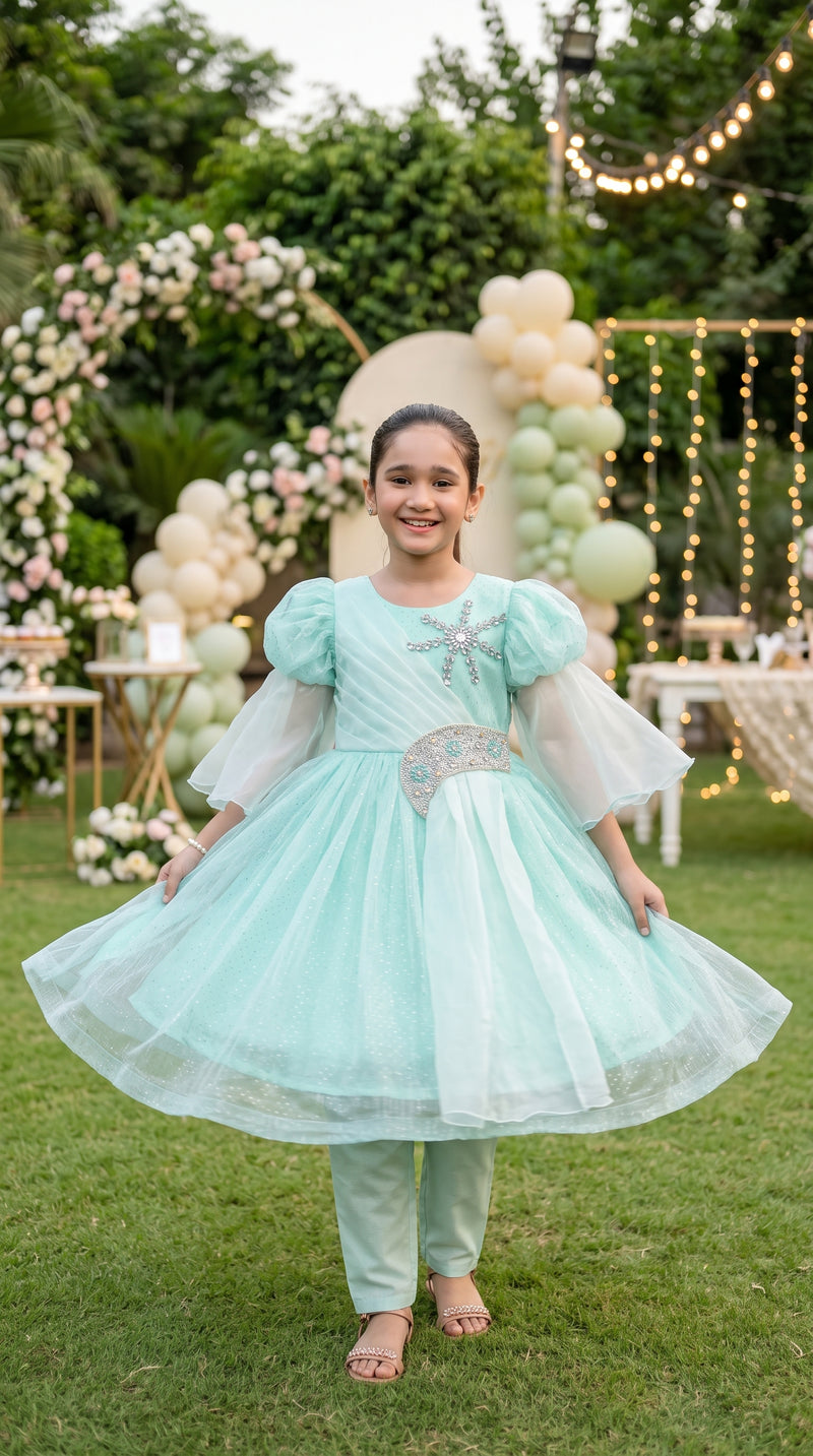 Ethereal Mint Grace Fancy Tissue Frock Set