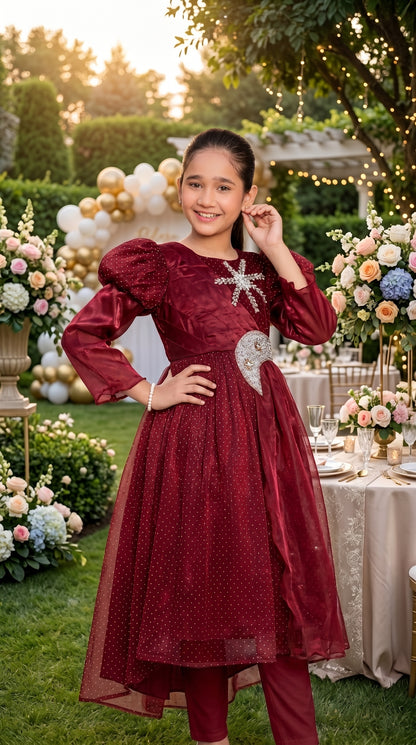 Regal Burgundy Grace Fancy Tissue Frock Set