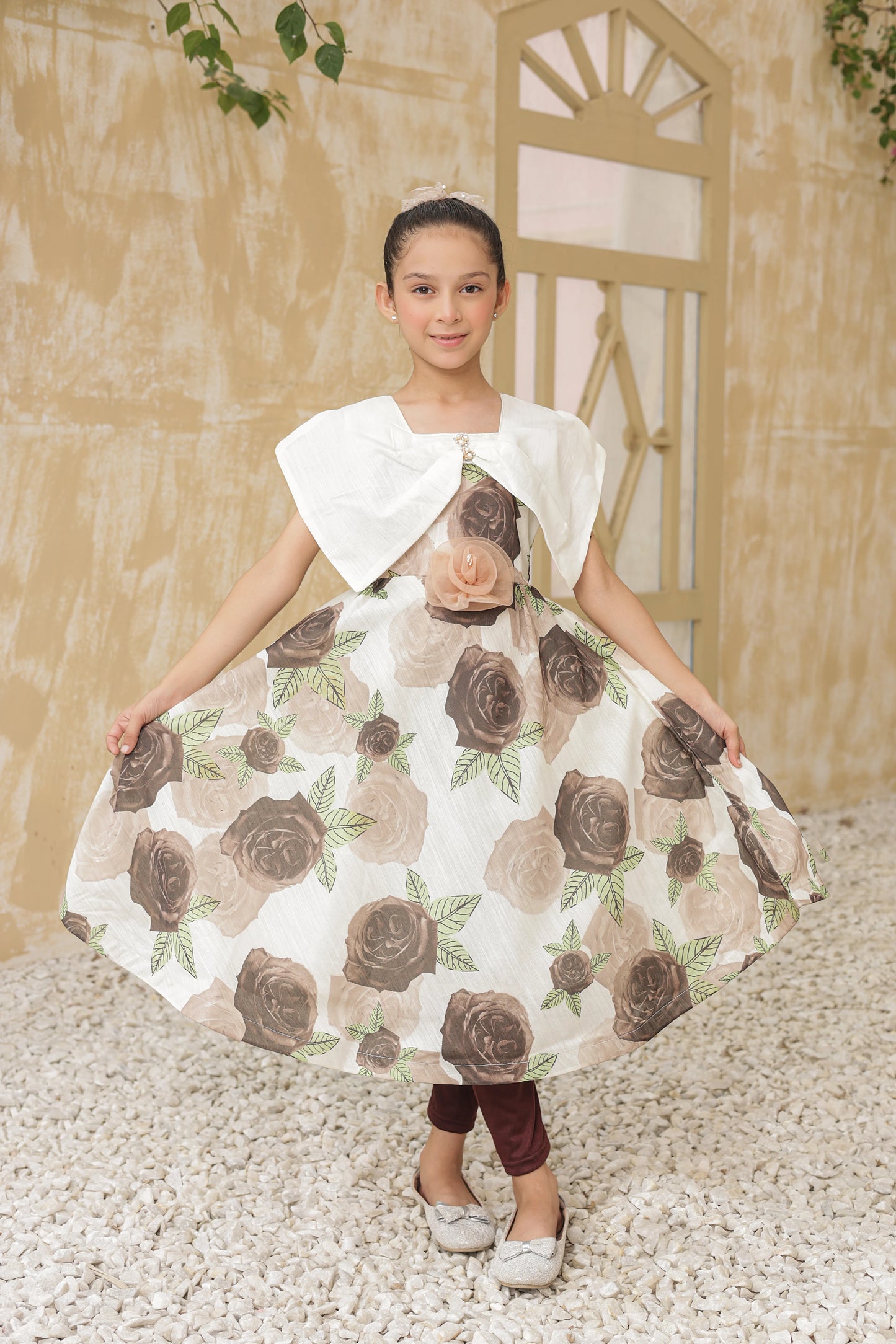 Rustic Rosette Frock Imported Printed Cotton Fabric