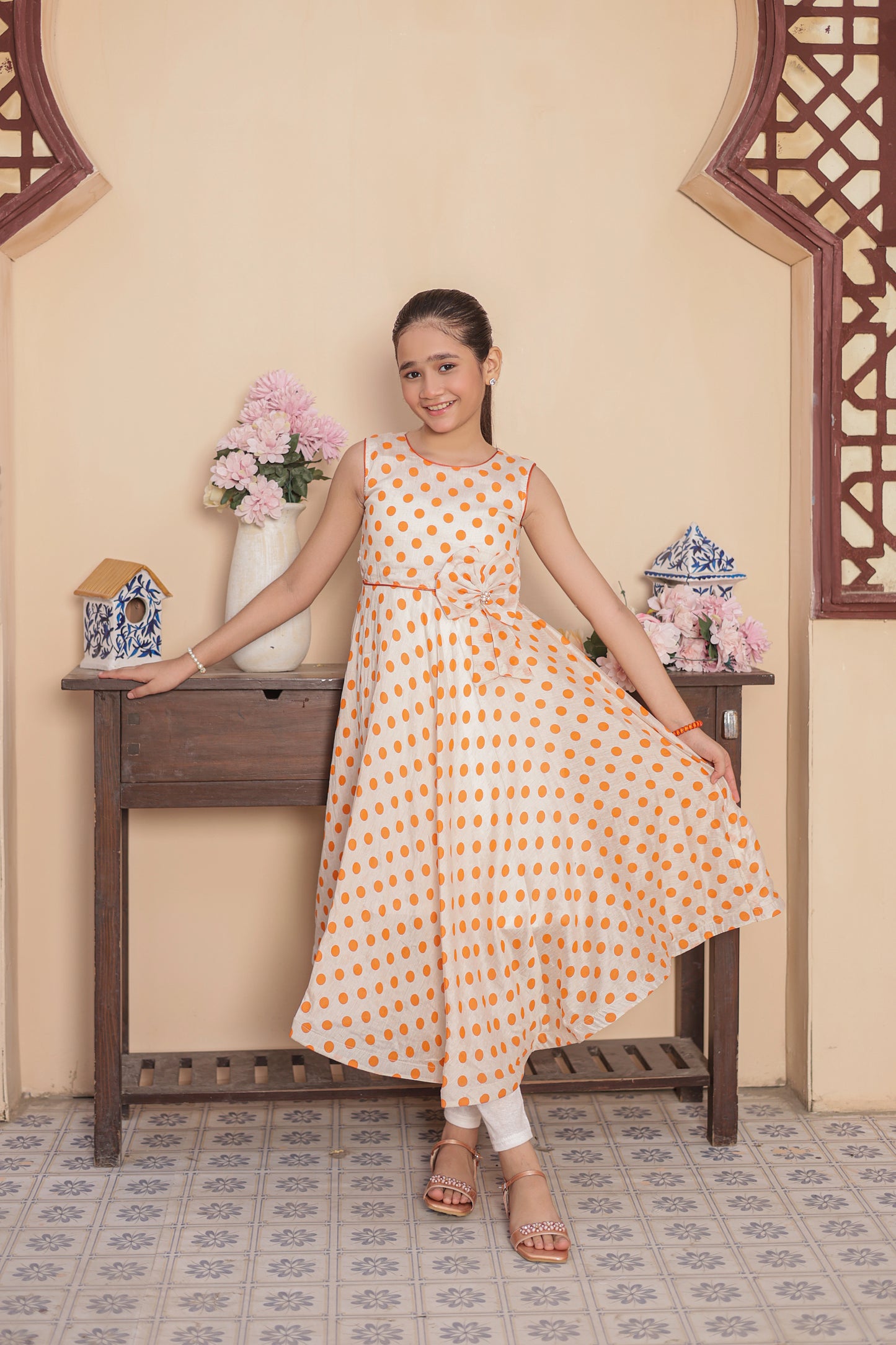 Peachy Dots Delight Frock Imported Printed Cotton