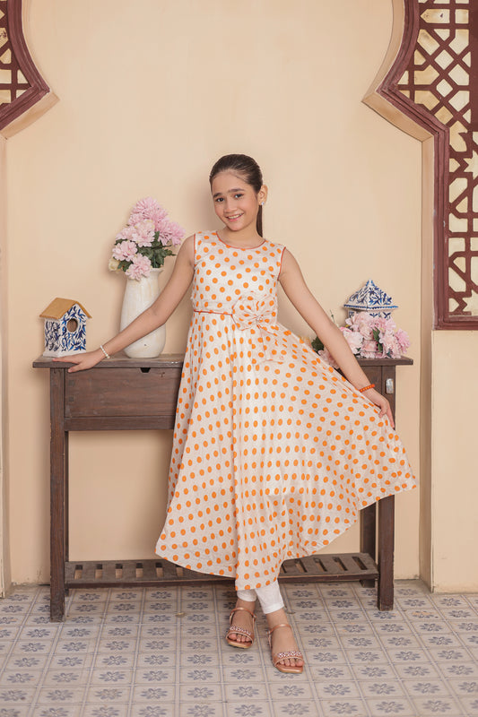 Peachy Dots Delight Frock Imported Printed Cotton
