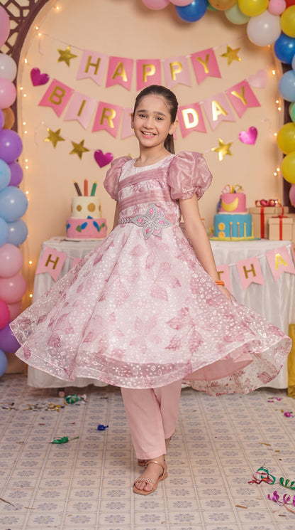 Dawn Pink Premium Party Wear Net Frock Set