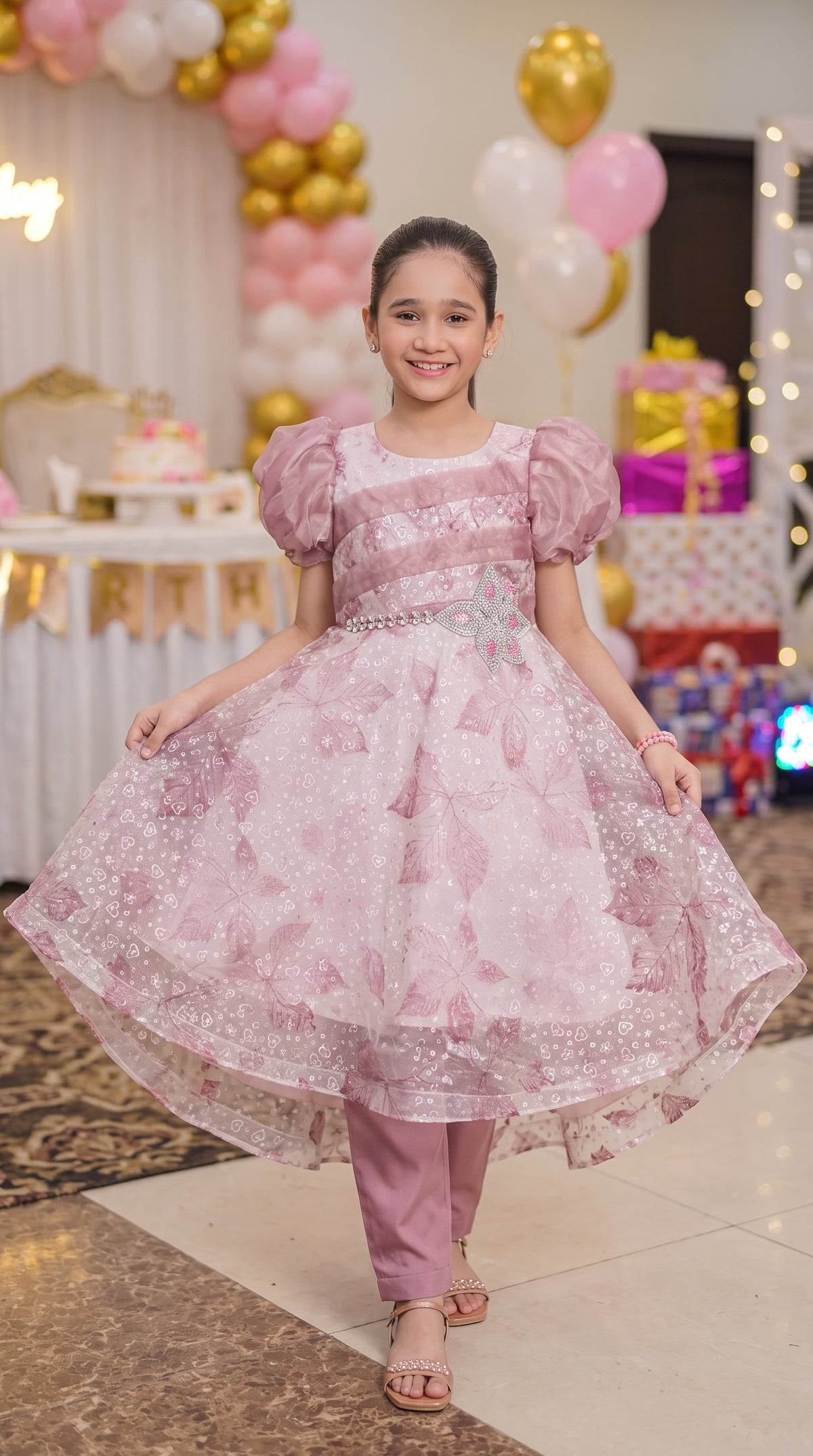Dawn Pink Premium Party Wear Net Frock Set