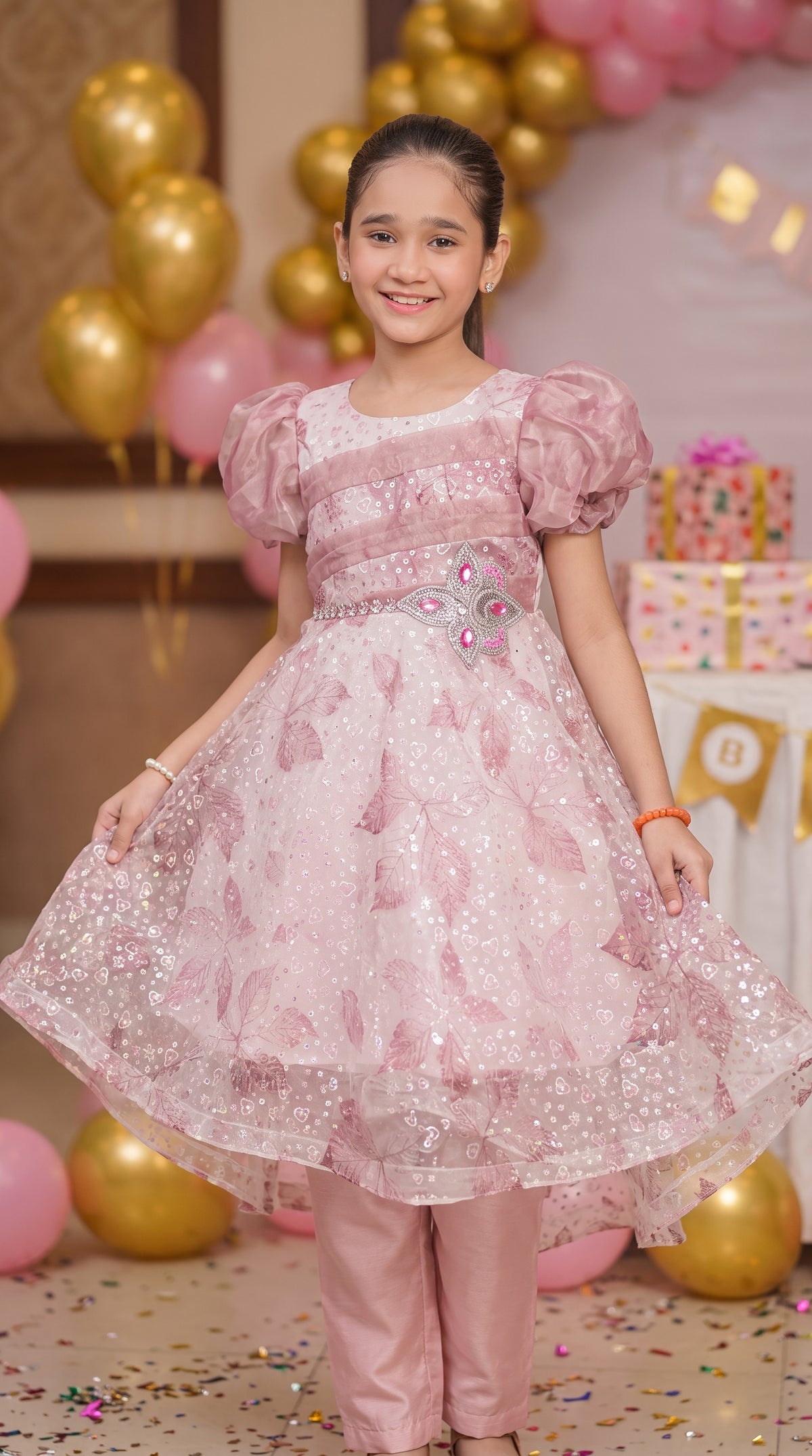 Dawn Pink Premium Party Wear Net Frock Set