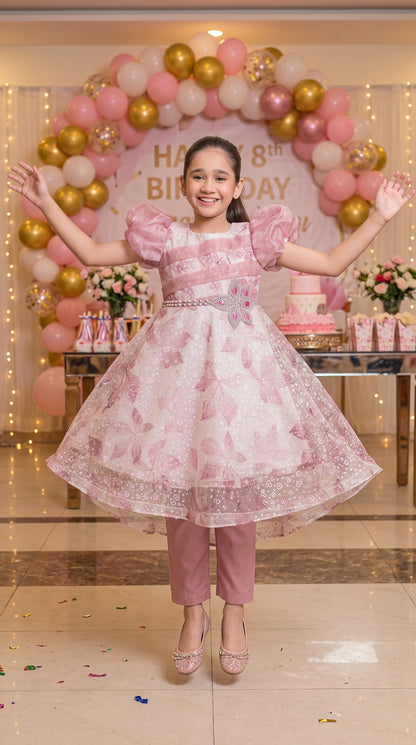 Dawn Pink Premium Party Wear Net Frock Set