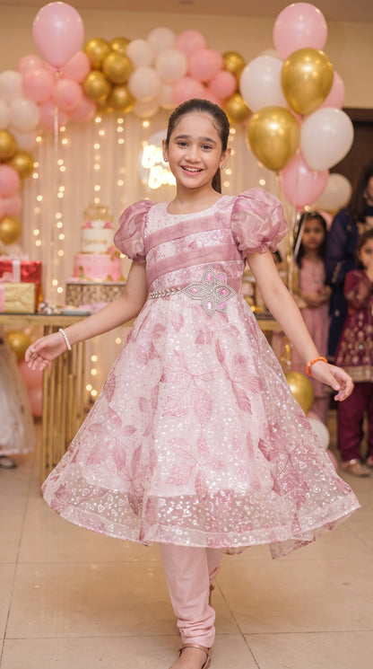 Dawn Pink Premium Party Wear Net Frock Set