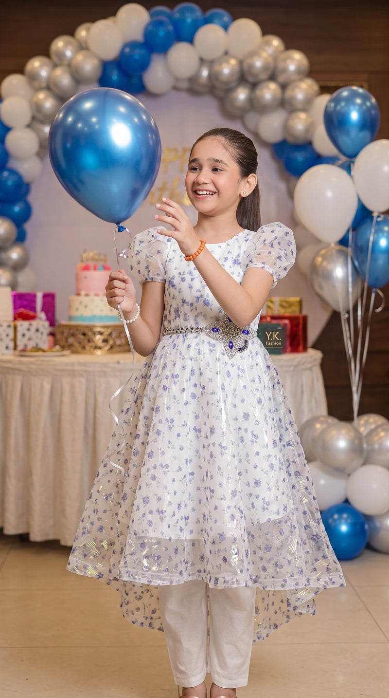 Crystal Lavender Premium Party Wear Net Frock Set