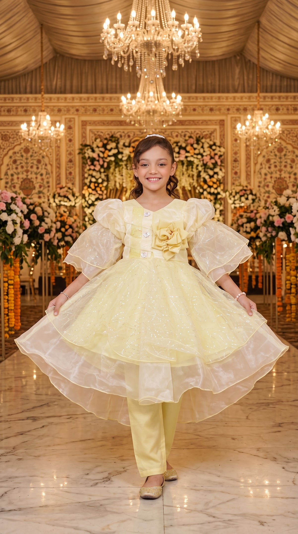 Vanilla Gold Elegant Party Wear Net Frock Set