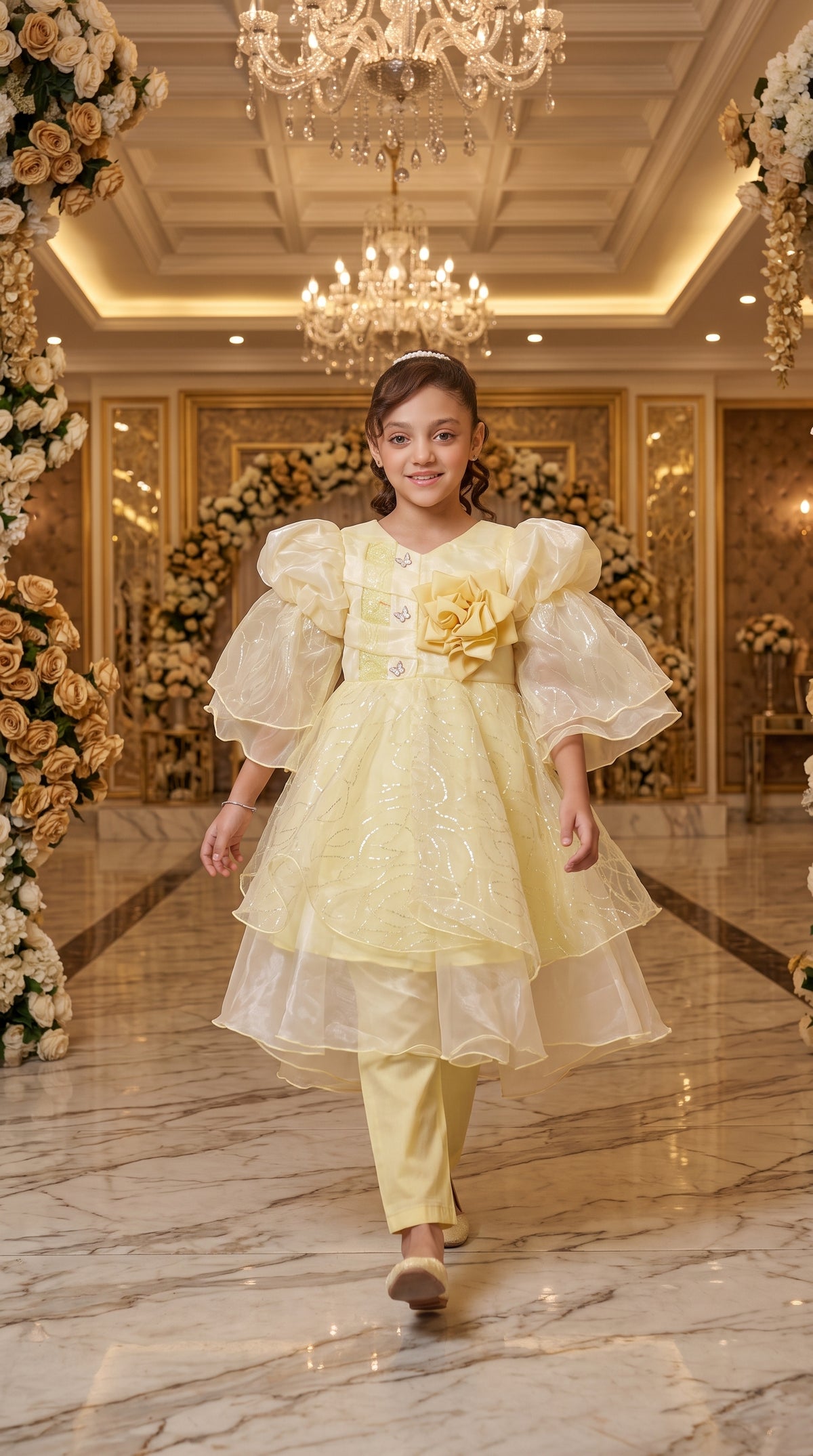 Vanilla Gold Elegant Party Wear Net Frock Set