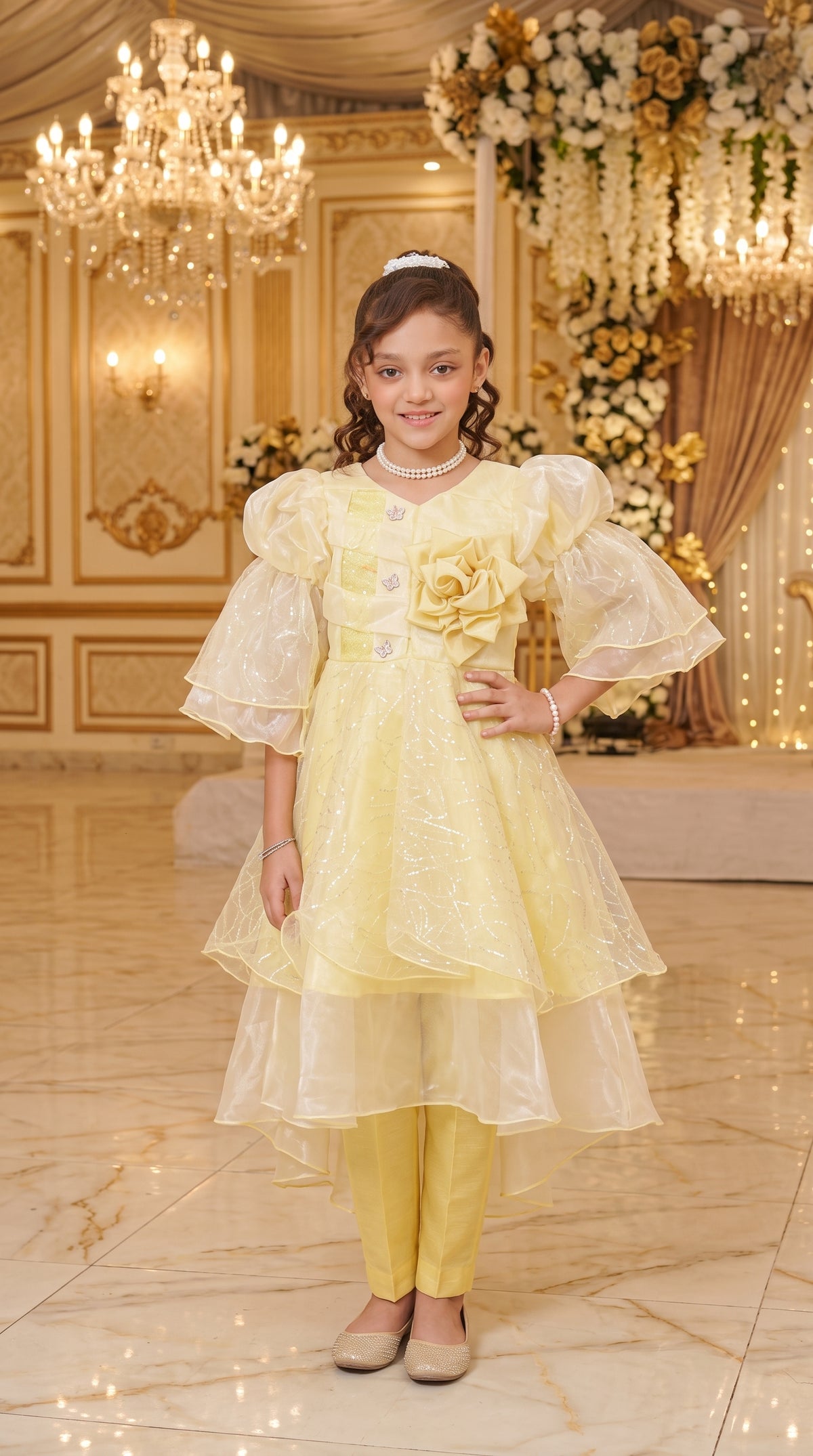 Vanilla Gold Elegant Party Wear Net Frock Set