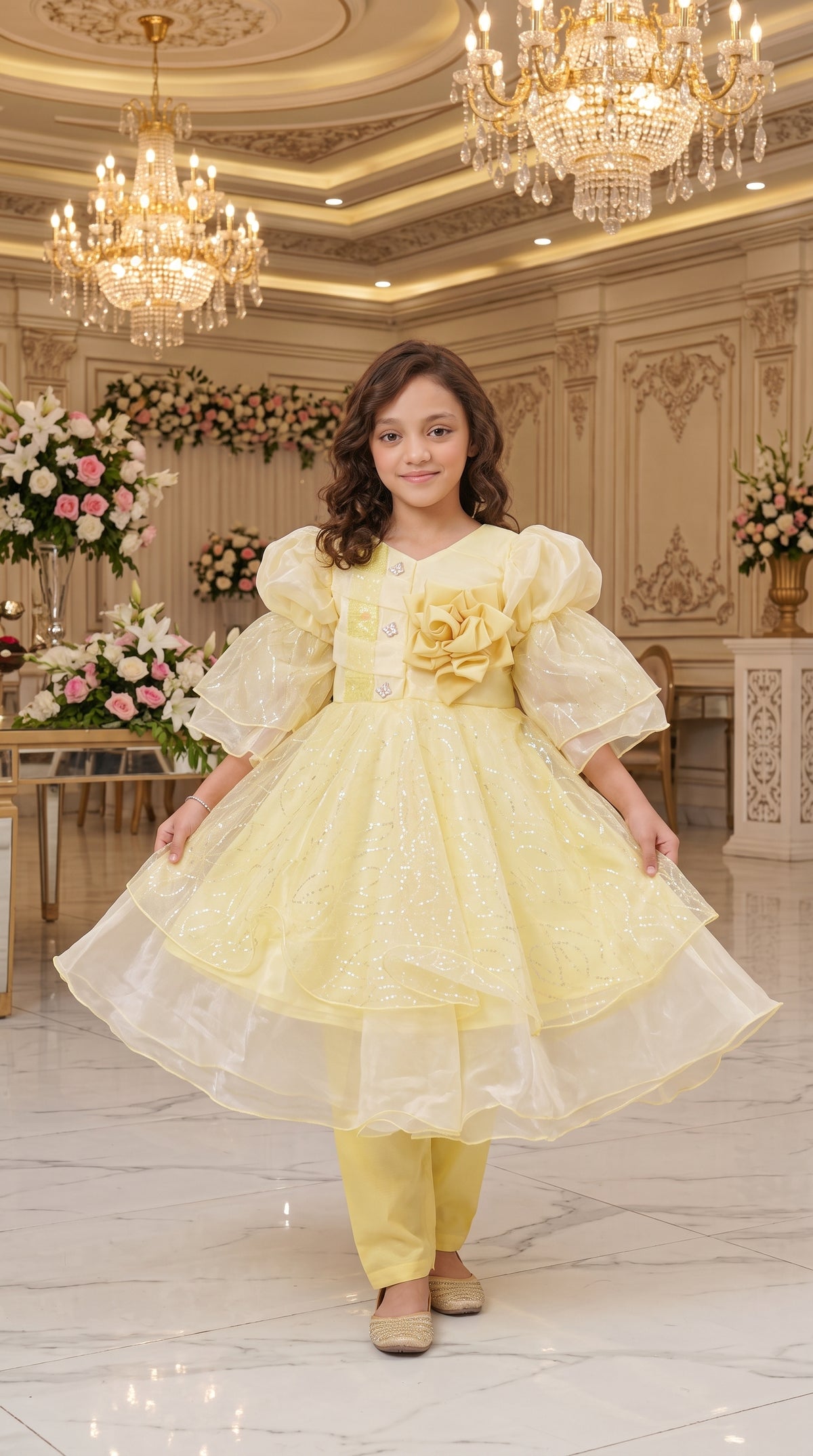 Vanilla Gold Elegant Party Wear Net Frock Set
