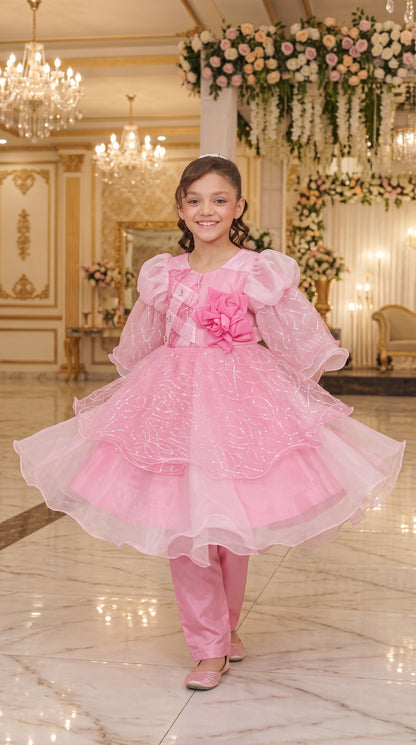 Pink Rose Elegant Party Wear Net Frock Set