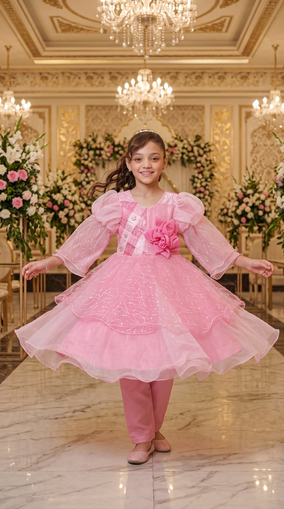 Pink Rose Elegant Party Wear Net Frock Set