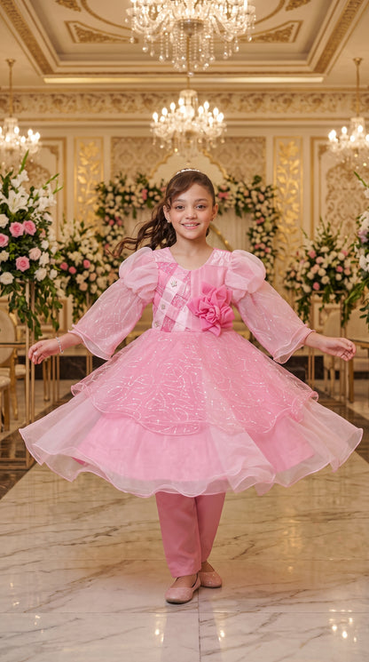 Pink Rose Elegant Party Wear Net Frock Set