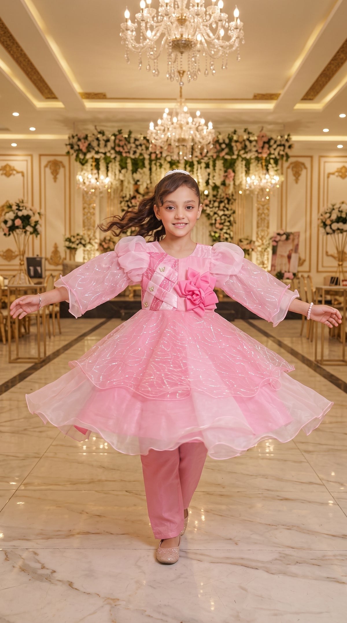 Pink Rose Elegant Party Wear Net Frock Set