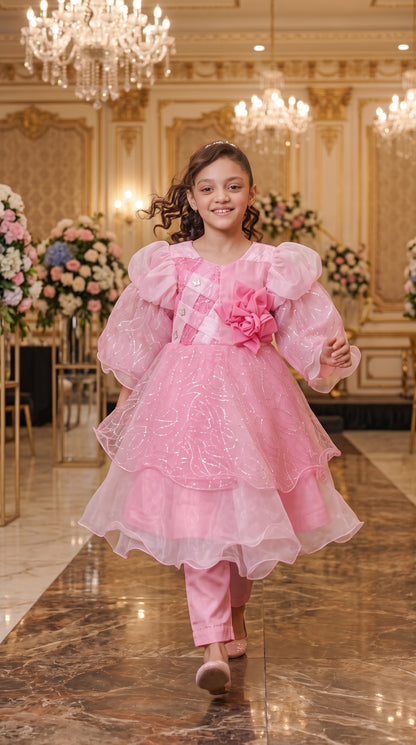 Pink Rose Elegant Party Wear Net Frock Set