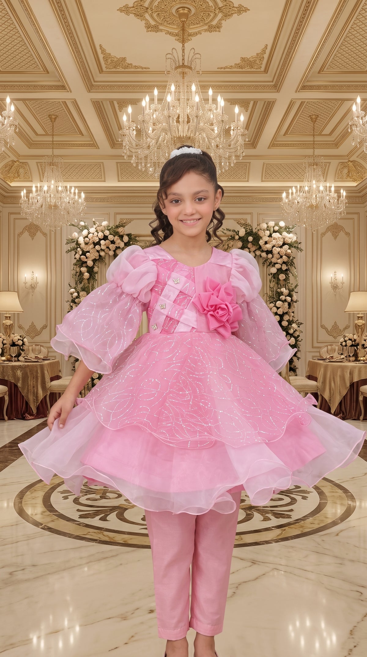 Pink Rose Elegant Party Wear Net Frock Set