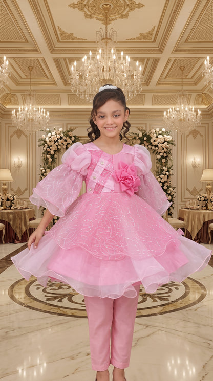 Pink Rose Elegant Party Wear Net Frock Set