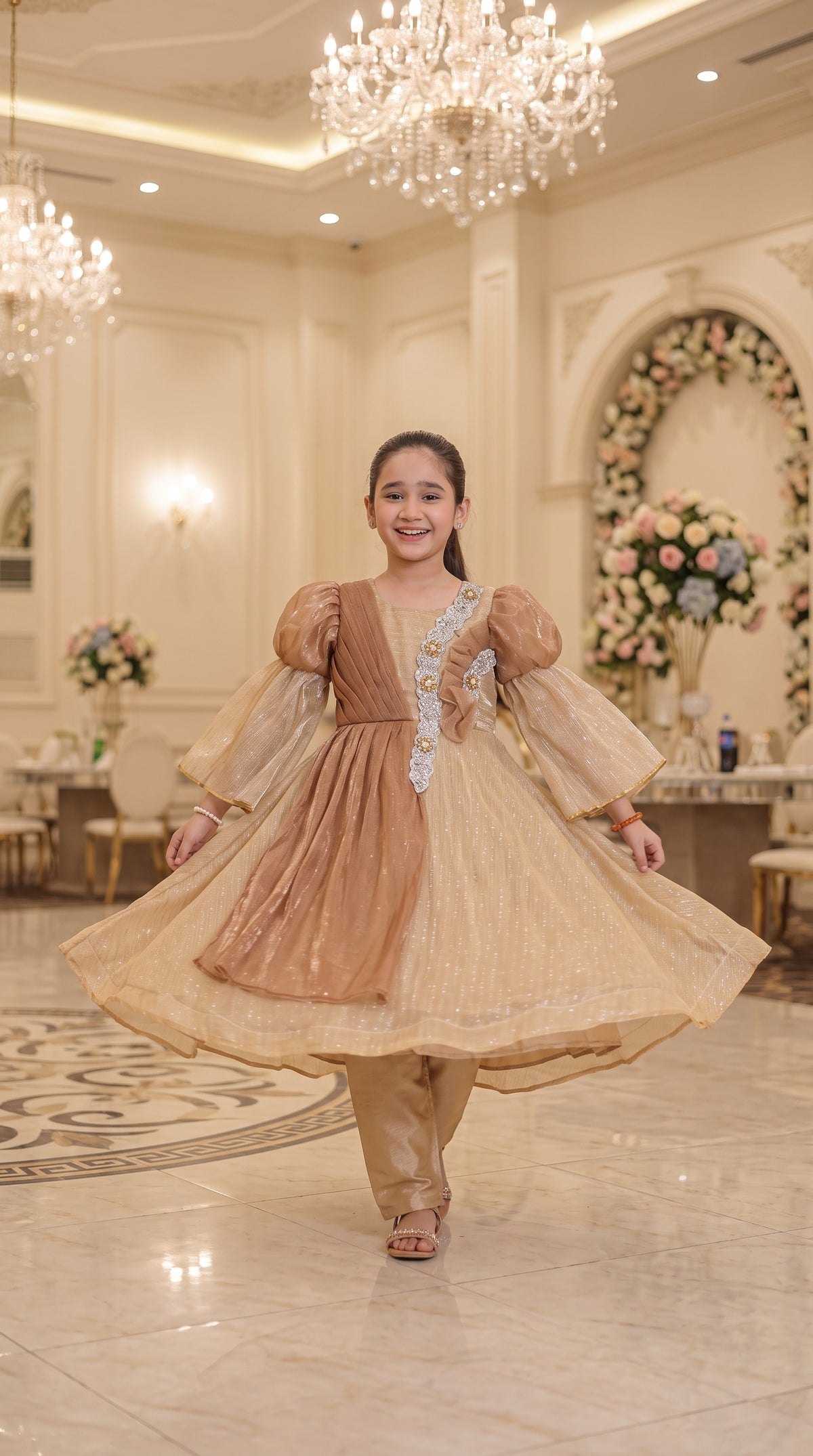 Champagne Gold Grace Fancy Tissue Partywear Frock Set