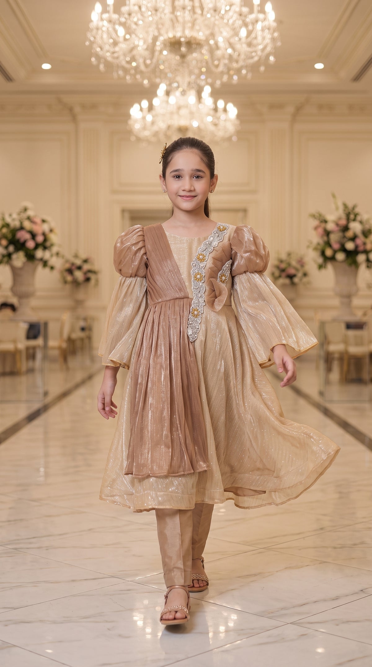 Champagne Gold Grace Fancy Tissue Partywear Frock Set