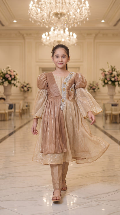 Champagne Gold Grace Fancy Tissue Partywear Frock Set