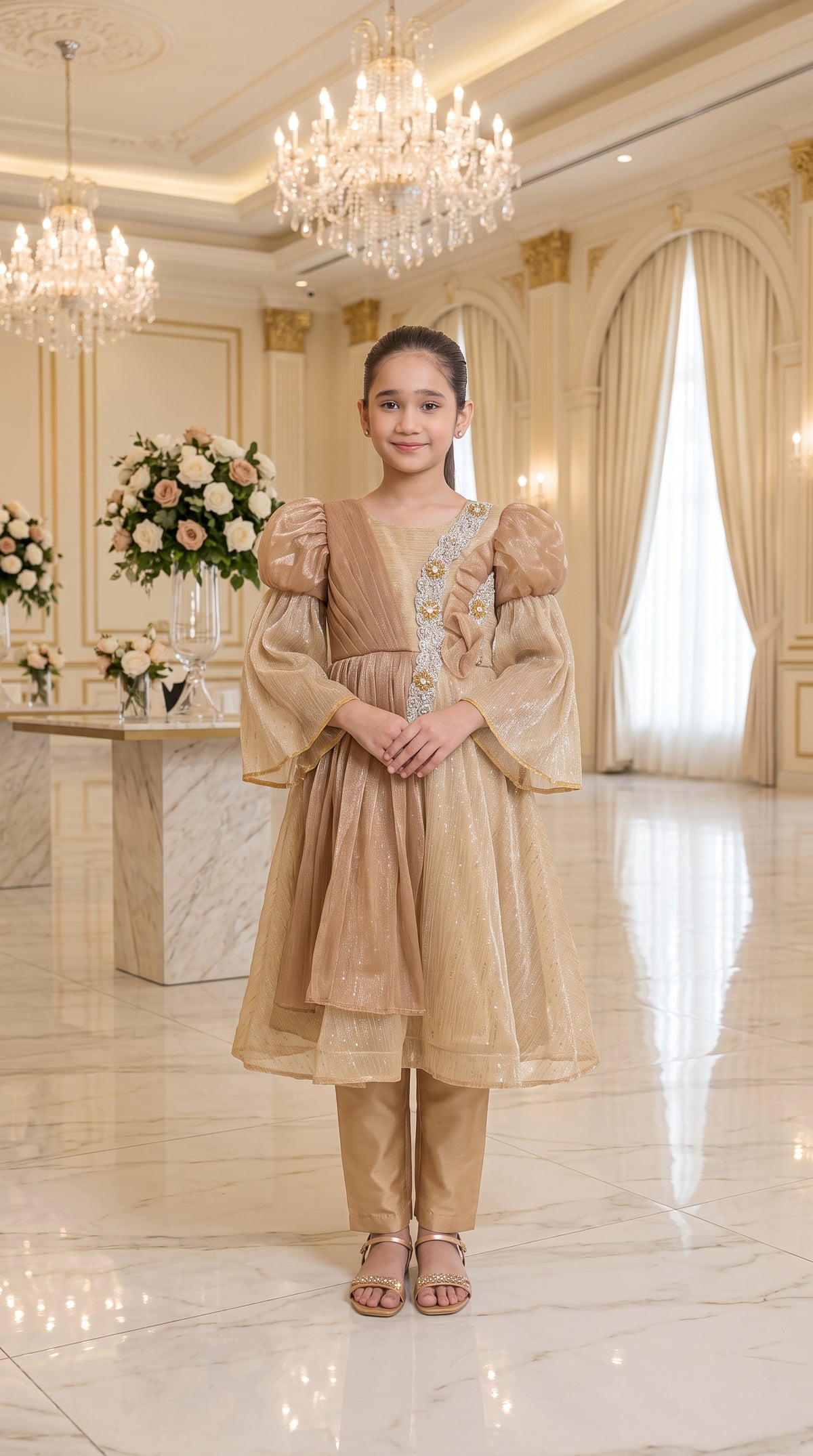 Champagne Gold Grace Fancy Tissue Partywear Frock Set