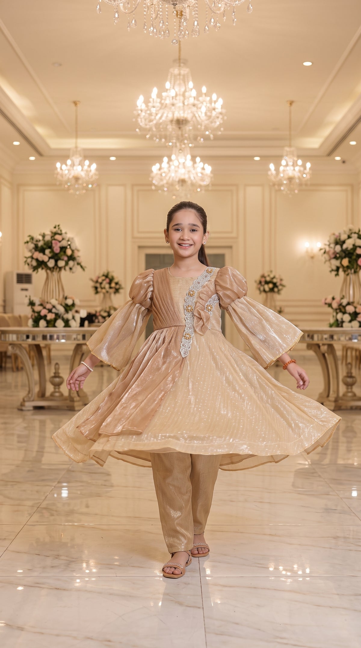 Champagne Gold Grace Fancy Tissue Partywear Frock Set